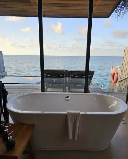 An overwater villa view in the Maldives
