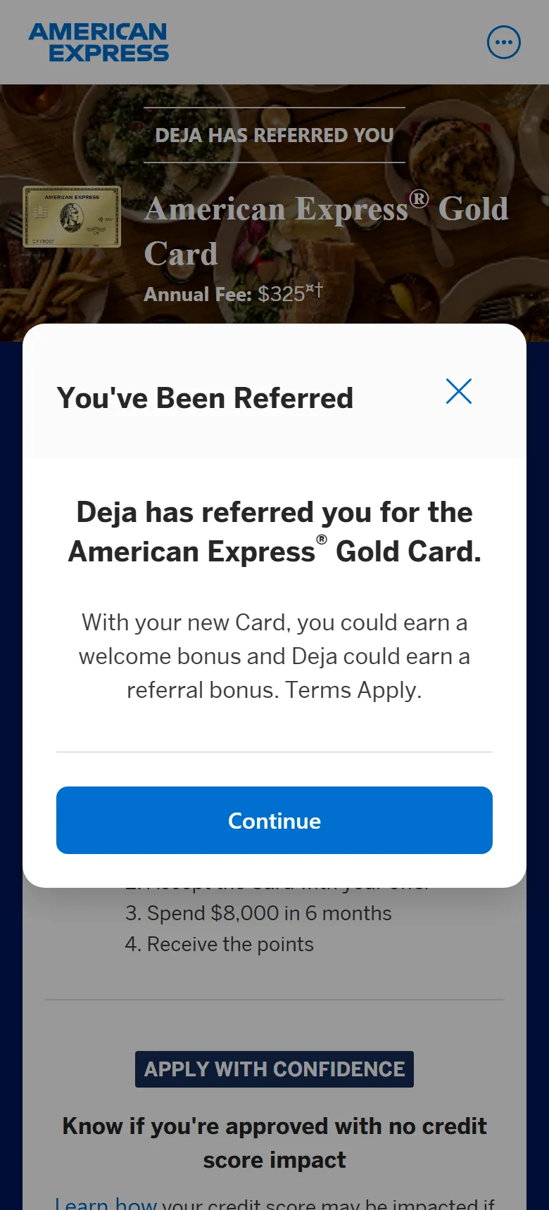 American Express pop-up that says Deja has referred you for the Gold Card, with a blue Continue button