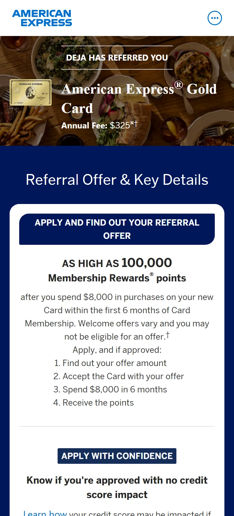 American Express Gold card referral page that says Deja has referred you, with the menu button at the top right