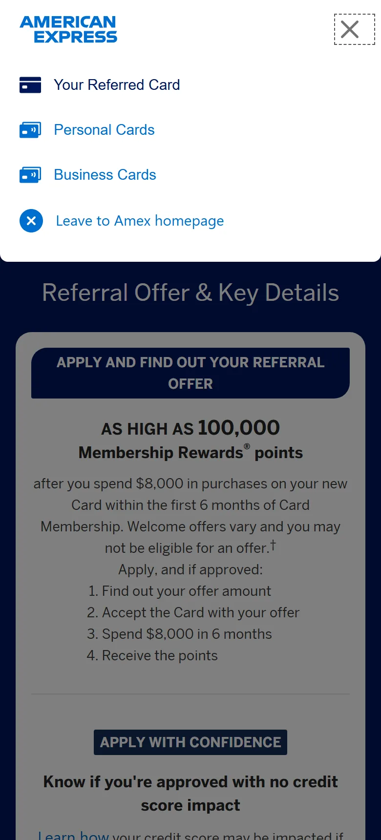 The Amex menu open with Your Referred Card, Personal Cards and Business Cards