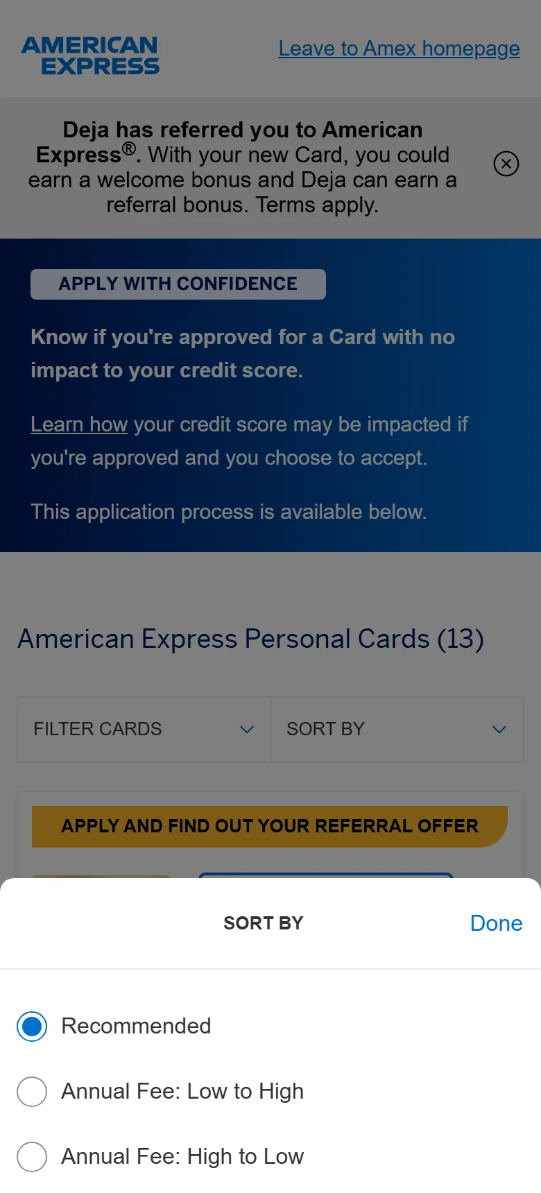 The Amex sort menu with Annual Fee: High to Low as the third option