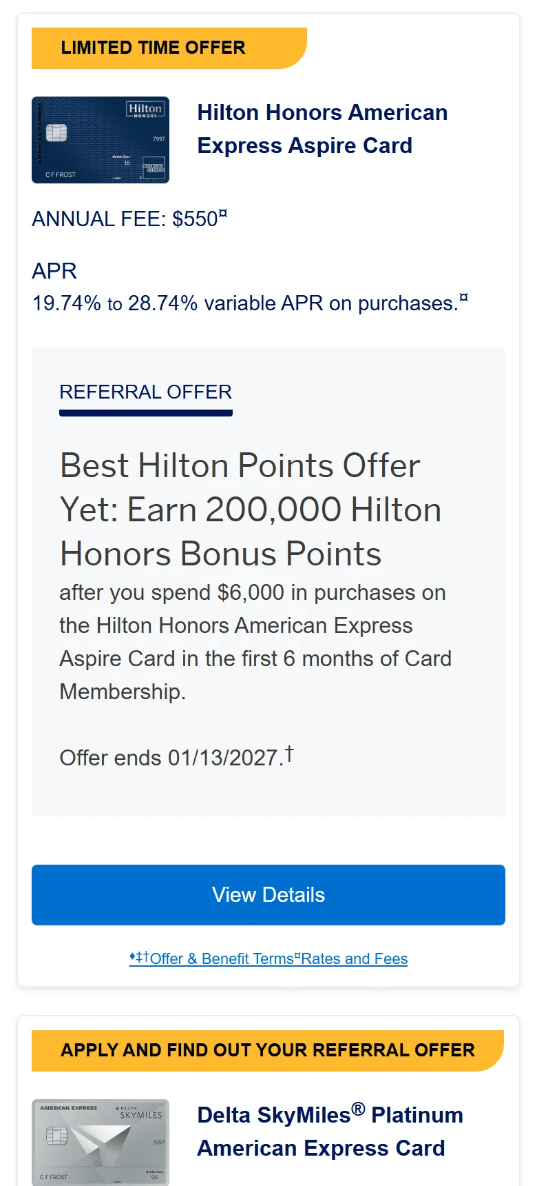 The Hilton Honors American Express Aspire Card in the Amex list with a View Details button
