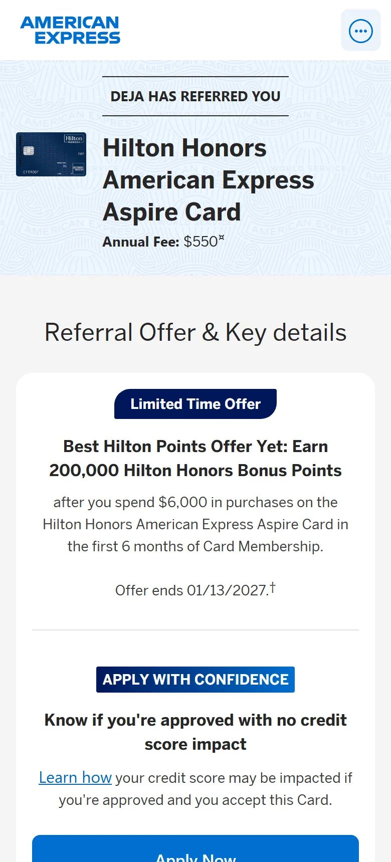 The Aspire card page on American Express still showing Deja has referred you